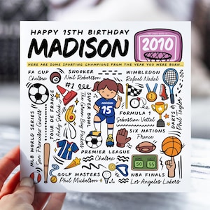 d'anniversaire personnalisée pour fille | Carte d'informations sur le sport pour fille, nièce, petite-fille | Carte pour enfants de 15 ans | Carte d'anecdotes