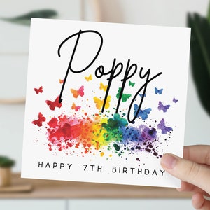 Carte personnalisée papillon arc-en-ciel de 7 ans | Carte 7e anniversaire avec nom | Carte de voeux pour fille, petite-fille, nièce, fille