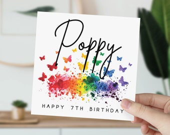 Personalised 7 Year Old Rainbow Butterfly Card | 7th Birthday Card With Name | Greetings Card For Daughter, Granddaughter, Niece, Girl