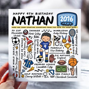Carte d'anniversaire personnalisée pour garçon | Carte d'infos sportives pour fils, neveu, frère, petit-fils | Carte pour enfants de 9 ans | Carte d'anecdotes
