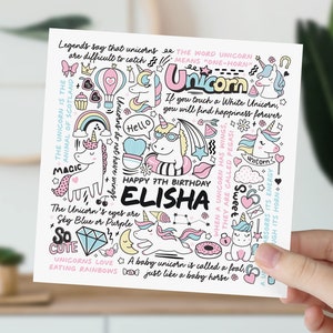 Carte d'anniversaire de 7 ans | Carte d'informations sur la licorne pour fille, petite-fille, nièce, petite fille | Cadeau licorne mignon pour enfants | Carte 7e anniversaire
