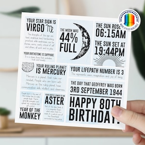 Carte 80e anniversaire pour lui, hommes, papa, grand-père, oncle | Carte d'information sur l'astrologie lunaire | de signe astrologique personnalisée | Carte d'anniversaire jalon