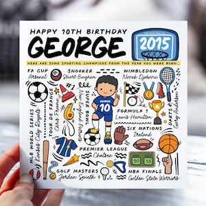 Carte d'anniversaire personnalisée pour garçon | Carte d'infos sportives pour fils, neveu, frère, petit-fils | Carte pour enfants de 10 ans | Carte d'anecdotes