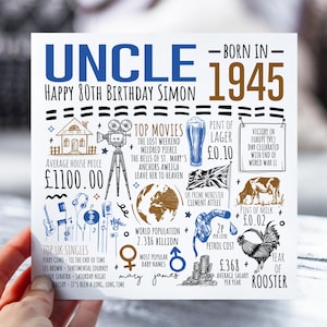 80e anniversaire pour oncle | Né en 1945 Fiche d'information pour oncle | 80e oncle | Carte de 80 ans pour lui | 80e cadeau pour oncle