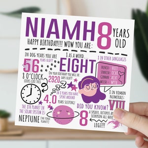 Personalised 8th Birthday Card For Girl | 8th Birthday Card For Daughter, Niece, Sister, Granddaughter | 8 Year Old Card | Fun Fact Card