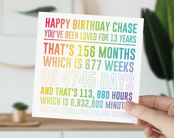 Rainbow Countdown 13th Birthday Card | Years, Months, Weeks, Days, Hours Card | For Son, Daughter, Grandson, Granddaughter, Niece, Nephew