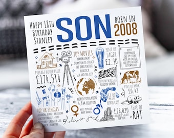 18th Birthday Card For Son | Born in 2008 Facts Card for Son, Stepson | Son 18th Card | 18 Year Old Card For Him | 18th Gift For Godson