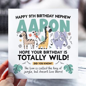 9e anniversaire, thème de la jungle | Carte animaux de safari pour fils, fille, petit-fils, nièce, neveu | Carte d'information sur la jungle amusante | Carte de 9 ans