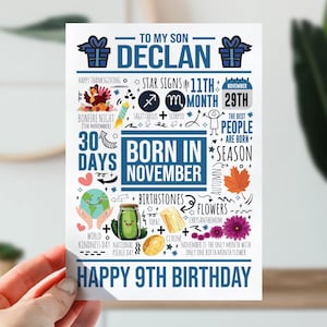 9e anniversaire pour fils, petit-fils, neveu | d'anniversaire Faits saillants de novembre | Carte d'anecdotes pour garçon, lui | Faits saillants sur l'anniversaire | Carte de 9 ans