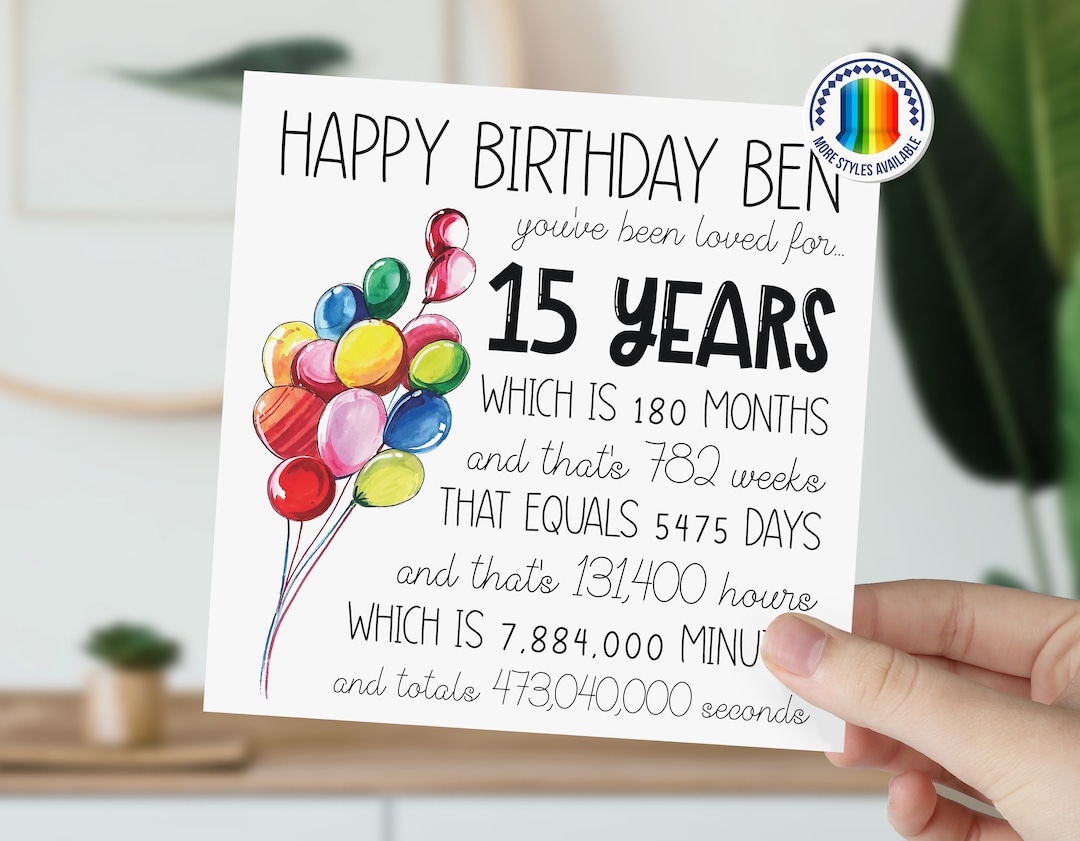 Buy Personalised 15th Birthday Card 15 Year Old Balloon Card Happy 15th  Birthday Card for Boy, Girl Son, Daughter, Grandson, Granddaughter