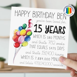 Carte personnalisée pour 15e anniversaire | Ballon de 15 ans carte | Carte Joyeux 15e anniversaire pour garçon, fille | Fils, fille, petit-fils, petite-fille