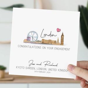 Carte de fiançailles de Londres | Engagé dans la ligne d'horizon du Royaume-Uni | Félicitations pour vos fiançailles | Cadeau pour couple | Mariage aquarelle au Royaume-Uni