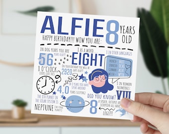 Personalised 8th Birthday Card For Boy | 8th Birthday Card For Son, Nephew, Brother, Grandson | 8 Year Old Children's Card | Fun Fact Card