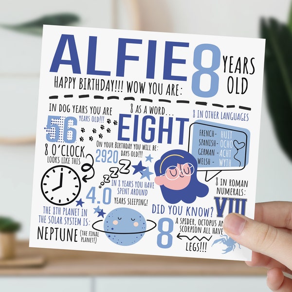 Personalised 8th Birthday Card For Boy | 8th Birthday Card For Son, Nephew, Brother, Grandson | 8 Year Old Children's Card | Fun Fact Card