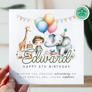 Carte 5e anniversaire pour garçon, petit-fils, neveu, fils | Cinquième carte d'anniversaire pour petit garçon | Carte mignonne d'explorateur de la jungle | Carte pour enfant de 5 ans