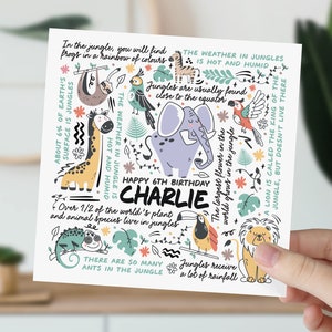 carte d'anniversaire de 6 ans | Carte d'informations sur les animaux de la jungle pour fils, petit-fils, neveu, filleul, petit garçon | Cadeau animal pour enfants | Carte 6e anniversaire