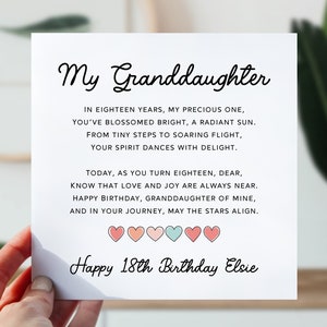 Carte d'anniversaire pour petite-fille | 18e anniversaire de petite-fille | Jolie carte poème pour elle | Carte d'anniversaire de 18 ans venant du coeur pour fille