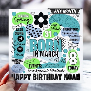 Carte d'anniversaire pour garçon | pour enfant de 8 ans | N'importe quel mois | Carte d'informations sur le zodiaque pour enfants | Carte pour fils, petit-fils, neveu, frère