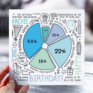 Carte d'anniversaire personnalisée pour son 9e anniversaire, garçon et lui | Thème graphique à secteurs | Répartition amusante des anniversaires 2016 | Carte pour fils, petit-fils, neveu, frère
