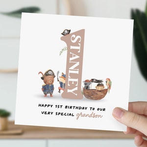 Carte 1er anniversaire pour petit garçon, fils, neveu, petit-fils, filleul | Carte mignonne de pirate | Carte personnalisée animal d'un an pour enfant, lui
