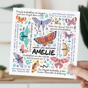 carte d'anniversaire de 6 ans | Carte d'informations sur les papillons pour fille, petite-fille, nièce, petite fille | Cadeau pour amoureux des papillons pour enfants | 6e anniversaire