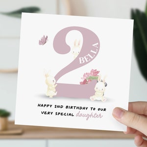 Carte d'anniversaire pour petite fille, fille, nièce, petite-fille | Lapin mignon en fleurs | Carte personnalisée de deux ans pour elle
