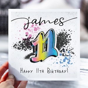 11e carte d'anniversaire personnalisée avec graffiti | 11e anniversaire fille, garçon | pour enfant de 11 ans | Carte pour fille, fils, petit-fils, petite-fille