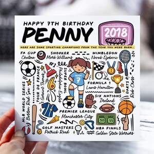 Carte d'anniversaire personnalisée pour fille | Carte d'informations sur le sport pour fille, nièce, petite-fille | Carte pour enfants de 7 ans | Carte d'anecdotes