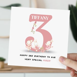 3rd Birthday Card For Little Girl, Daughter, Niece, Granddaughter | Cute Ballerina Rabbit Card | Personalised Three Year Old Card For Her