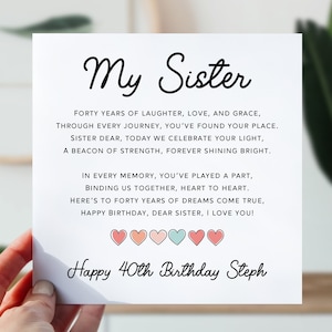 40e carte d'anniversaire pour soeur | 40e anniversaire de soeur | Jolie carte poème pour elle | Carte d'anniversaire de 40 ans du coeur pour soeur, soeur