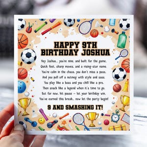 9e anniversaire pour garçon sportif | Carte poème drôle pour fils, petit-fils, neveu | Carte d'anniversaire personnalisée pour enfants | Thème sportif de football