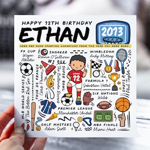 Carte d'anniversaire personnalisée pour garçon | Carte d'infos sportives pour fils, neveu, frère, petit-fils | Carte pour enfant de 12 ans | Carte d'anecdotes