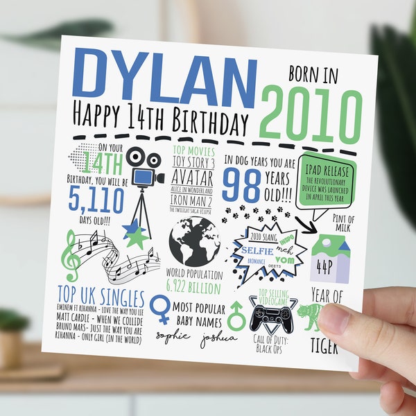 Personalised 14th Birthday Card For Him | Born in 2010 Greetings Card | 14 Year Old Card For Son, Grandson, Nephew, Brother