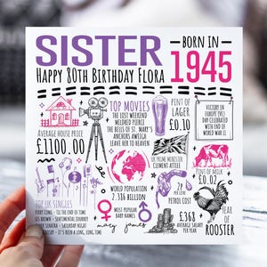 80e anniversaire pour soeur | Né en 1945 Fiche d'information pour Sis, Sister | Soeur 80e carte | Carte de 80 ans pour elle | 80e cadeau pour soeur