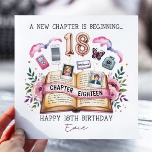 Carte d'anniversaire pour fille, nièce, soeur, petite-fille, amie | Nouveau design du livre du chapitre dix-huit | Carte personnalisée pour elle