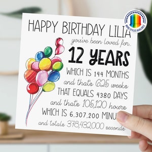 12e anniversaire personnalisée | Ballon de 12 ans | Carte Joyeux 12e anniversaire pour garçon, fille | Fils, fille, petit-fils, petite-fille