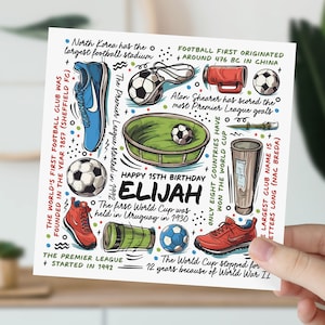 carte d'anniversaire de 15 ans | Carte d'informations sur le football pour fils, petit-fils, neveu, filleul, frère | Cadeau de football pour enfants | Carte 15e anniversaire