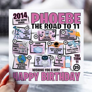11e anniversaire pour fille | Carte La route des 11 | Carte Né en 2014 | carte postale pour fille, nièce, petite-fille, soeur | Faits à 11 ans