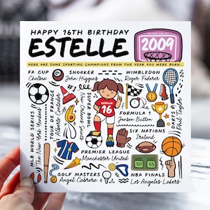 Carte d'anniversaire personnalisée pour fille | Carte d'informations sur le sport pour fille, nièce, petite-fille | Carte pour enfants de 16 ans | Carte d'anecdotes