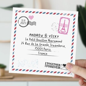 Carte de fiançailles personnalisée en France | Cadeau pour couple | Fiancées à Paris | Félicitations pour votre carte de fiançailles | Timbre de voyage vintage