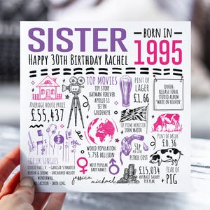 30e carte d'anniversaire pour soeur | Né en 1995 Fiche d'information pour Sis, Sister | Soeur 30e carte | Carte de 30 ans pour elle | 30e cadeau pour soeur