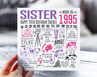 30e carte d'anniversaire pour soeur | Né en 1995 Fiche d'information pour Sis, Sister | Soeur 30e carte | Carte de 30 ans pour elle | 30e cadeau pour soeur