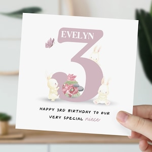 3rd Birthday Card For Little Girl, Daughter, Niece, Granddaughter | Cute Rabbit in Flowers Card | Personalised Three Year Old Card For Her