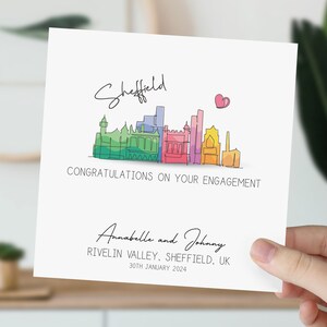 Carte de fiançailles de Sheffield | Engagé dans la ligne d'horizon du Royaume-Uni | Félicitations pour vos fiançailles | Cadeau pour couple | Carte de mariage aquarelle Angleterre