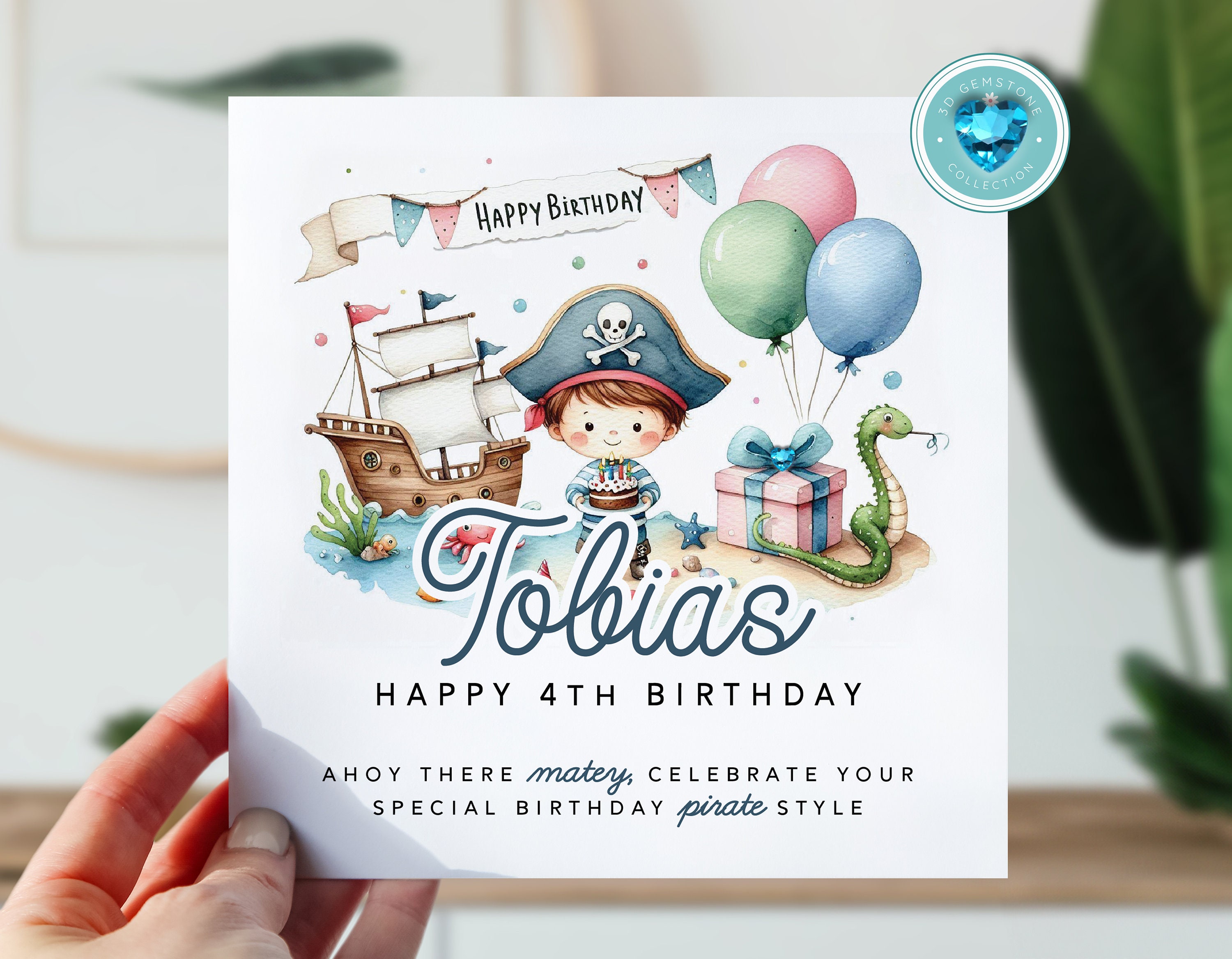 Biglietto Di Auguri Per Il 4° Compleanno Per Bambino, Nipote, Nipote, Figlio / Biglietto Di Auguri Per Il 4° Compleanno Per Bambino Piccolo / Biglietto Carino Per Bambini Pirata / Biglietto Nautico - Foto 11