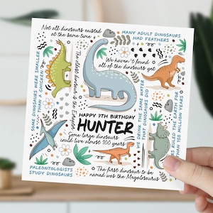 Carte d'anniversaire de 7 ans | Fiche d'informations sur les dinosaures pour fils, petit-fils, neveu, filleul, petit garçon | Cadeau pour amoureux des dinosaures pour enfants | Carte 7e anniversaire