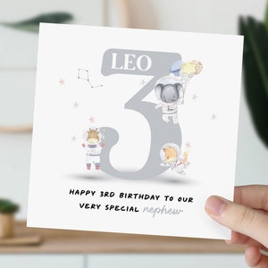 Carte pour le 3e anniversaire d'un petit garçon, fils, neveu, petit-fils, filleul | Carte mignonne d'astronaute | Carte personnalisée animal de trois ans pour enfant