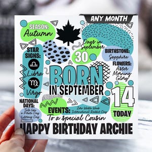 14e anniversaire pour garçon | carte postale pour 14 ans | N'importe quel mois | Carte d'informations sur le zodiaque pour enfants | Carte pour fils, petit-fils, neveu, frère
