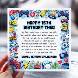 Carte 15e anniversaire pour Gamer Boy | Carte poème drôle de jeu | Carte personnalisée pour fils, neveu, frère, petit-fils | Carte déverrouillée de niveau 15