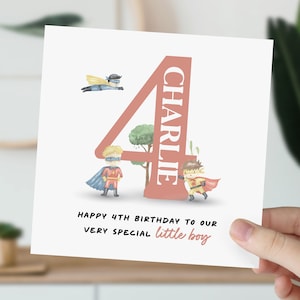 4e anniversaire pour petit garçon, fils, neveu, petit-fils, filleul | Carte mignonne de super-héros | Carte personnalisée héros de quatre ans pour enfant, lui